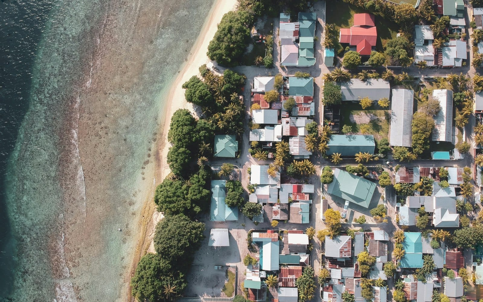 Aerial view of a Maldivian local island ringed by a turquoise lagoon and reef